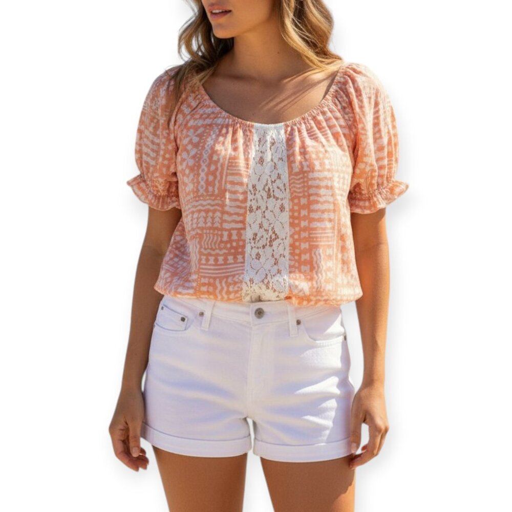 Penelope Semi Sheer Blouson Crop Top XL Orange Coral White Lace Bubble Hem